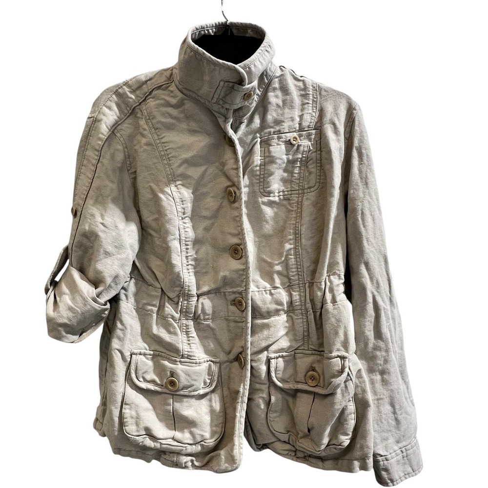 Vtg Gap Linen Cotton Utility Jacket Womens M Beige Tan Tab Sleeves